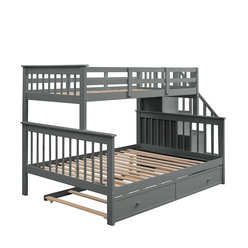 Twin-Over-Full Bunk Bed with Twin size Trundle, Storage and Guard Rail for Bedroom, Dorm, for Adults, White