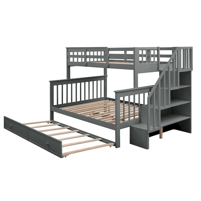 Twin-Over-Full Bunk Bed with Twin size Trundle, Storage and Guard Rail for Bedroom, Dorm, for Adults, White