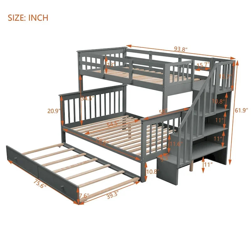 Twin-Over-Full Bunk Bed with Twin size Trundle, Storage and Guard Rail for Bedroom, Dorm, for Adults, White