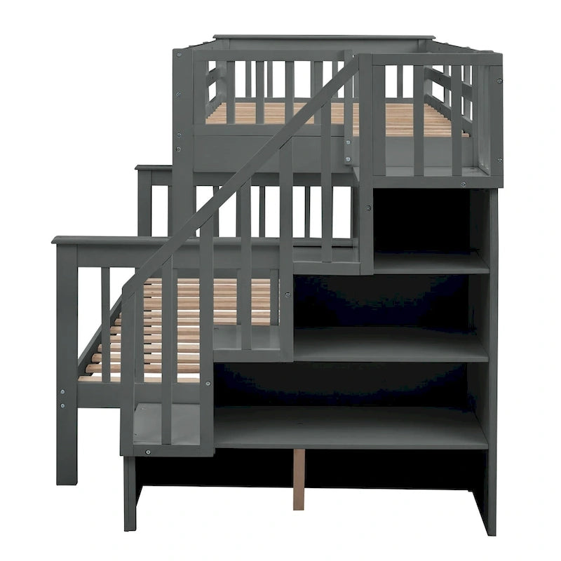 Twin-Over-Full Bunk Bed with Twin size Trundle, Storage and Guard Rail for Bedroom, Dorm, for Adults, White