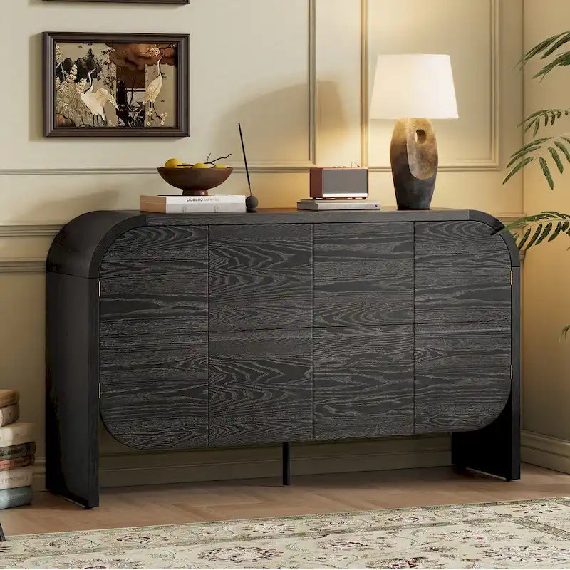 4 Doors Wood Sideboard Credenza Cabinet with Curvy Edge & Adjustable Shelves