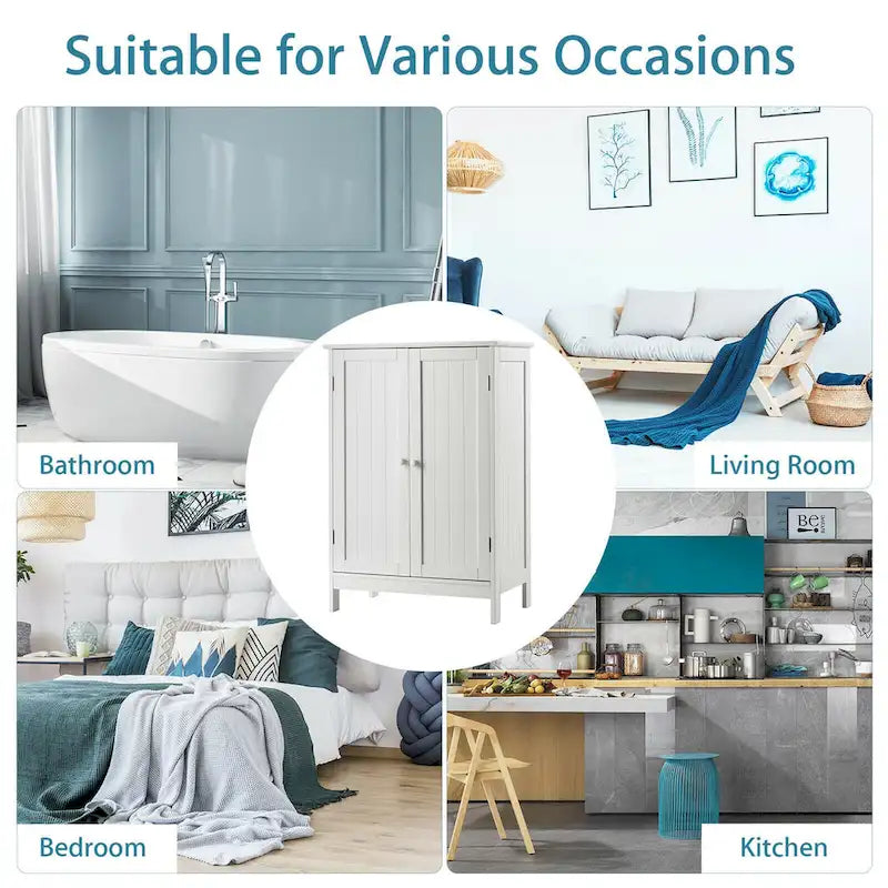 Gymax Bathroom Floor Storage Cabinet Double Door Kitchen Cupboard Shoe