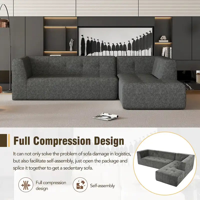 112.2 Chenille Modular L-Shaped Sofa Bed with Free Combination Design and No-Assembly Required