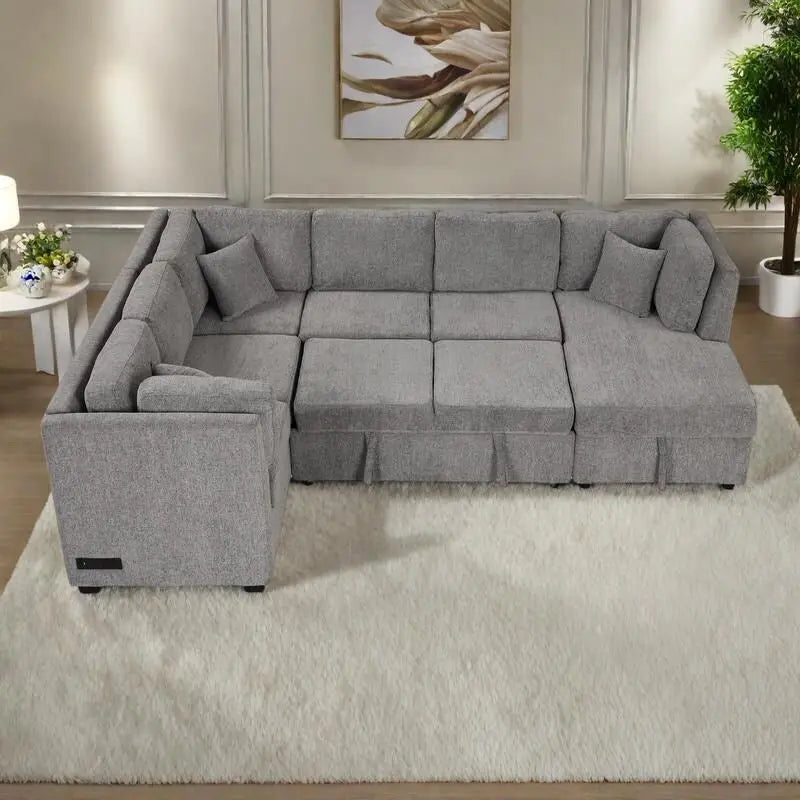 108,6 Canapé-lit d'angle en U en chenille avec ports USB, méridienne de rangement et 3 coussins de dossier