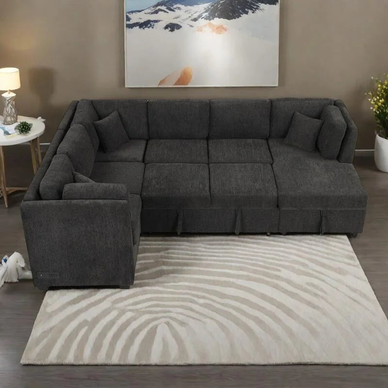 108,6 Canapé-lit d'angle en U en chenille avec ports USB, méridienne de rangement et 3 coussins de dossier