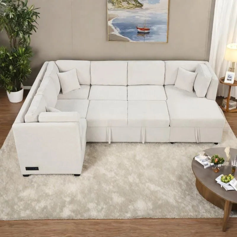 108,6 Canapé-lit d'angle en U en chenille avec ports USB, méridienne de rangement et 3 coussins de dossier
