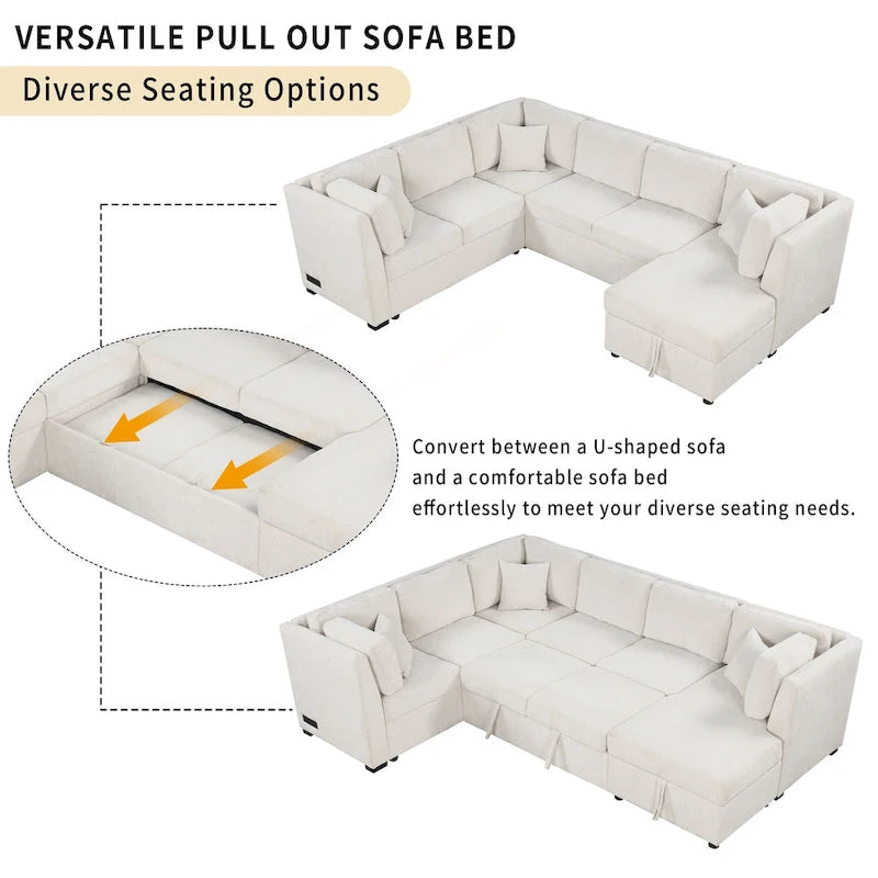 108,6 Canapé-lit d'angle en U en chenille avec ports USB, méridienne de rangement et 3 coussins de dossier