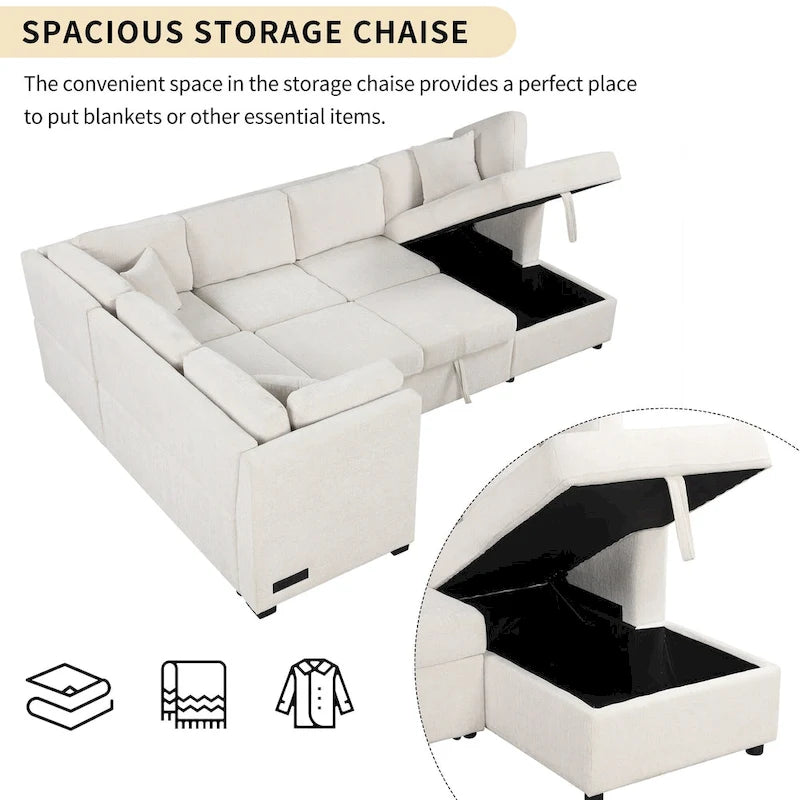 108,6 Canapé-lit d'angle en U en chenille avec ports USB, méridienne de rangement et 3 coussins de dossier