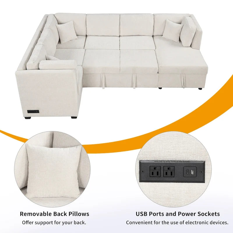 108,6 Canapé-lit d'angle en U en chenille avec ports USB, méridienne de rangement et 3 coussins de dossier