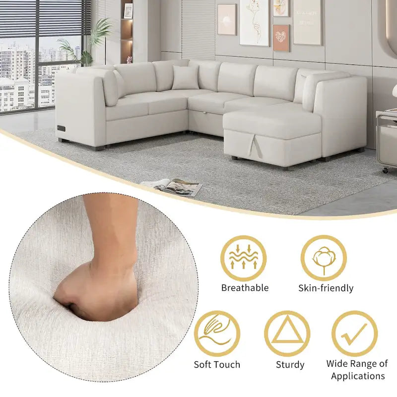 108,6 Canapé-lit d'angle en U en chenille avec ports USB, méridienne de rangement et 3 coussins de dossier
