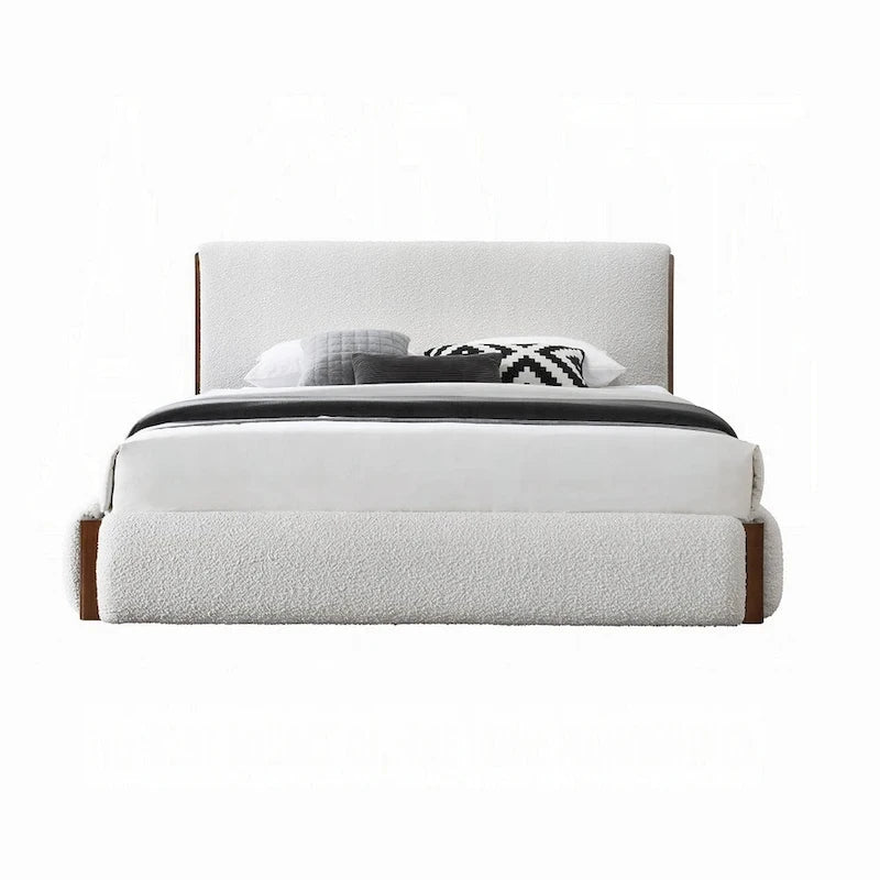 Fedro Queen Bed, Low Profile, White Boucle Upholstery, Walnut Brown