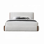Fedro Queen Bed, Low Profile, White Boucle Upholstery, Walnut Brown