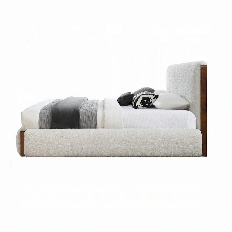 Fedro Queen Bed, Low Profile, White Boucle Upholstery, Walnut Brown