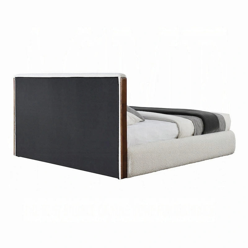 Fedro Queen Bed, Low Profile, White Boucle Upholstery, Walnut Brown