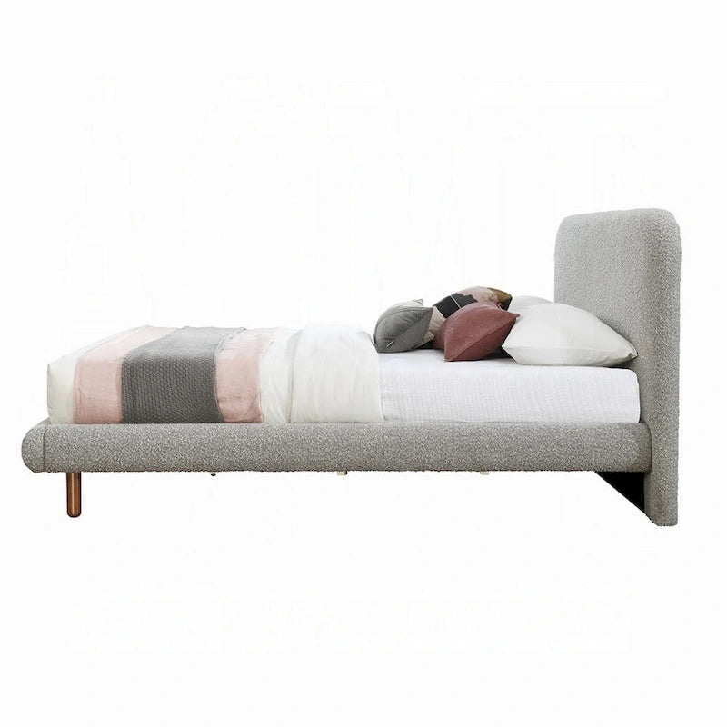 Lit King Size Damazy, Bords Arrondis, Revêtement en Boucle Grise, Bois Marron