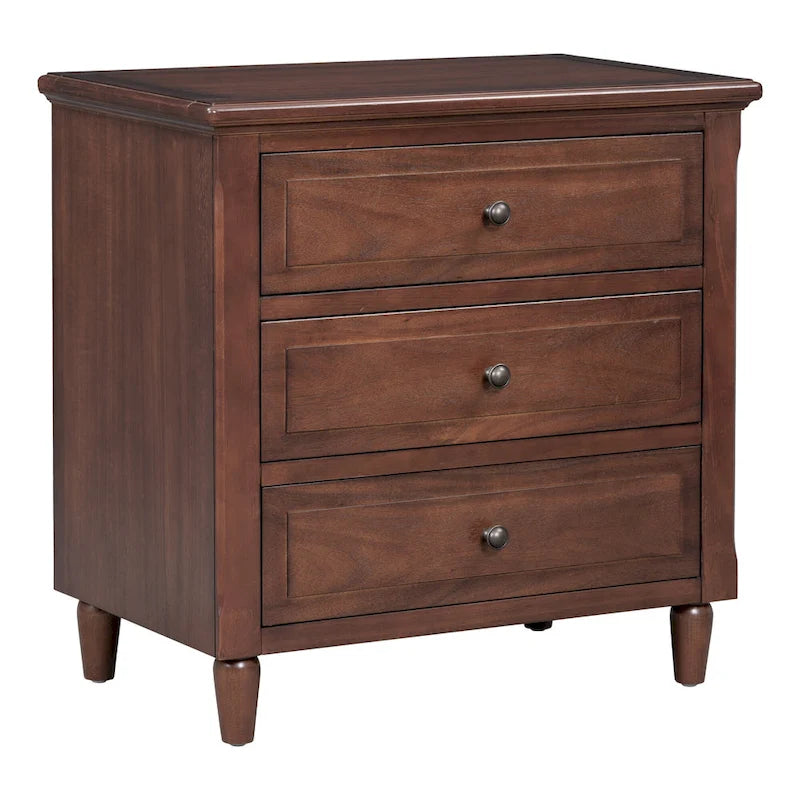 Mid-Century Modern Nightstand, Wooden Lockers with Metal Handle 3 Drawers, Entry Side Table with Solid Wood Legs