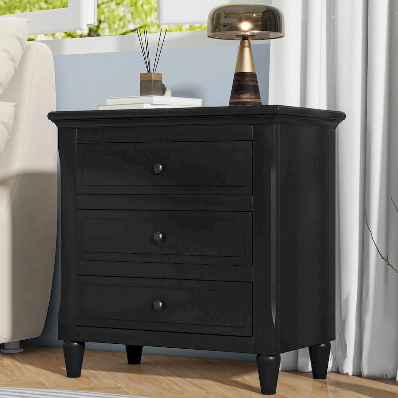 Mid-Century Modern Nightstand, Wooden Lockers with Metal Handle 3 Drawers, Entry Side Table with Solid Wood Legs