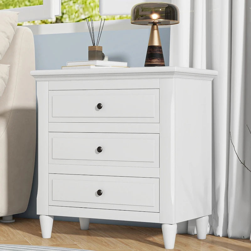 Mid-Century Modern Nightstand, Wooden Lockers with Metal Handle 3 Drawers, Entry Side Table with Solid Wood Legs