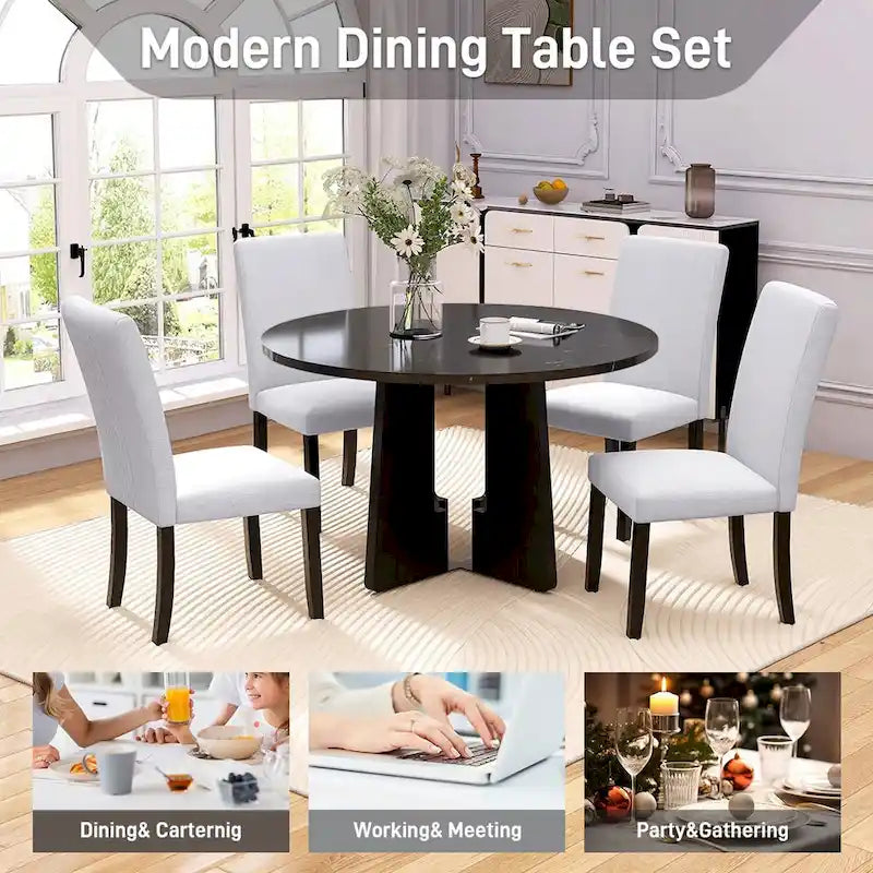Ensemble de salle à manger rond 5 pièces, ensemble de meubles de cuisine en bois massif avec table à manger et 4 chaises rembourrées