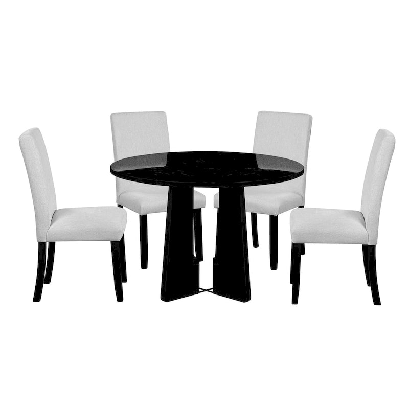 Ensemble de salle à manger rond 5 pièces, ensemble de meubles de cuisine en bois massif avec table à manger et 4 chaises rembourrées
