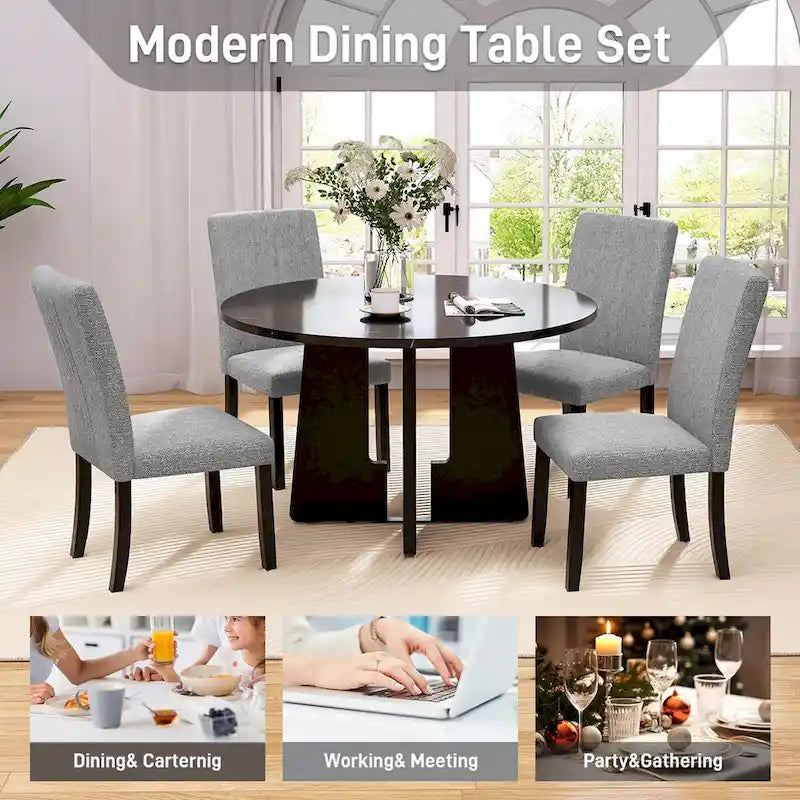 Ensemble de salle à manger rond 5 pièces, ensemble de meubles de cuisine en bois massif avec table à manger et 4 chaises rembourrées