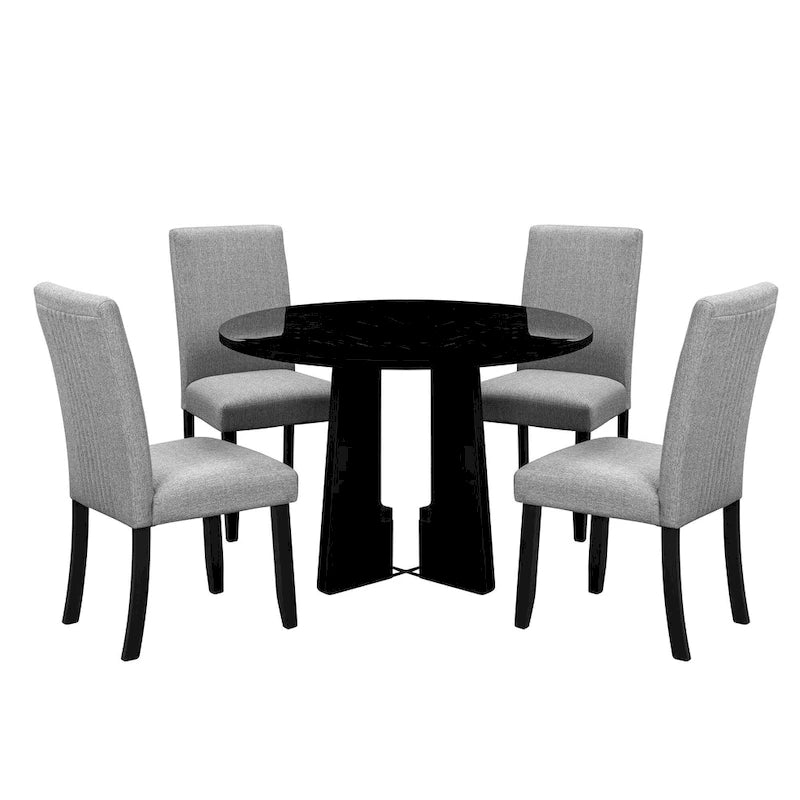 Ensemble de salle à manger rond 5 pièces, ensemble de meubles de cuisine en bois massif avec table à manger et 4 chaises rembourrées