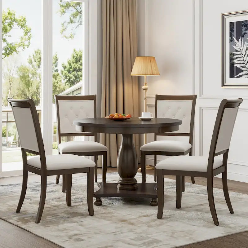 Ensemble de salle à manger 5 pièces, ensemble de table de salle à manger de cuisine en bois massif avec table à manger ronde et 4 chaises rembourrées