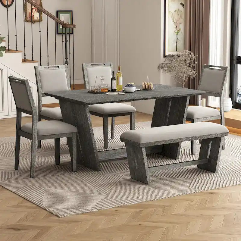 6 Pcs Dining Table Set, Wood Dining Kitchen Table and Chairs Set with Rectangular Table, 4 Upholstered Chairs and 1 Bench