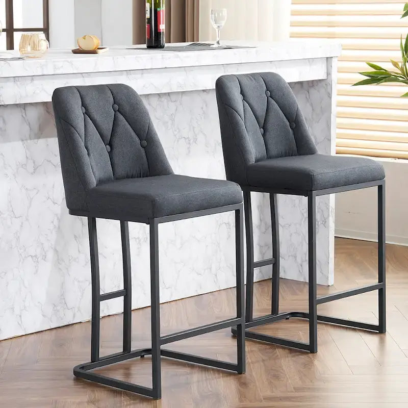 Tabourets de Bar Rembourrés Lot de 2, Tabourets de Bar Hauteur Comptoir avec Dossier Capitonnée, Chaises d'Îlot de Cuisine avec Cadre Métallique
