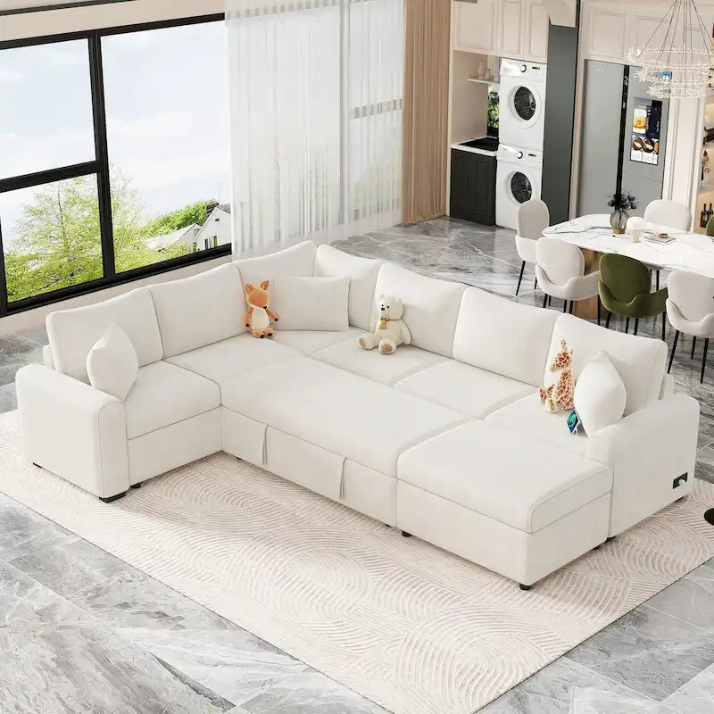 Roomfitters Sectional Sofa Pull-Out Bed Sleeper with Storage Ottoman, Three Pillows, and Built-In Charging Devices