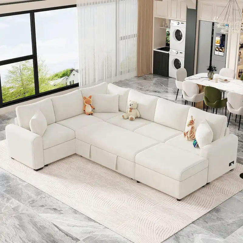 Roomfitters Sectional Sofa Pull-Out Bed Sleeper with Storage Ottoman, Three Pillows, and Built-In Charging Devices