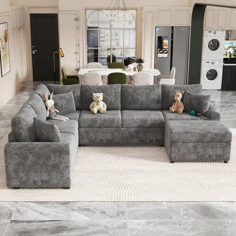 Roomfitters Sectional Sofa Pull-Out Bed Sleeper with Storage Ottoman, Three Pillows, and Built-In Charging Devices