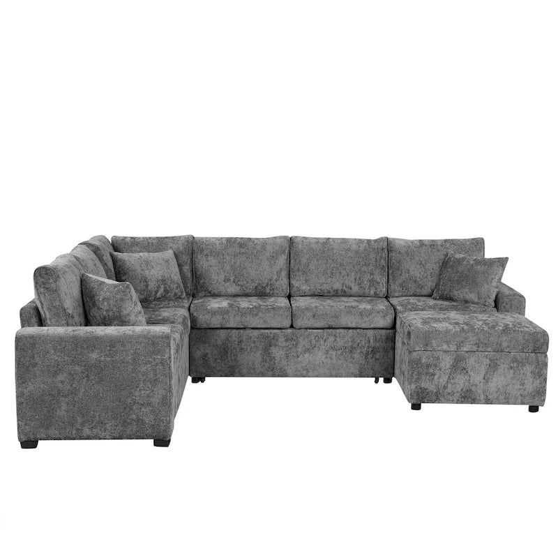 Roomfitters Sectional Sofa Pull-Out Bed Sleeper with Storage Ottoman, Three Pillows, and Built-In Charging Devices