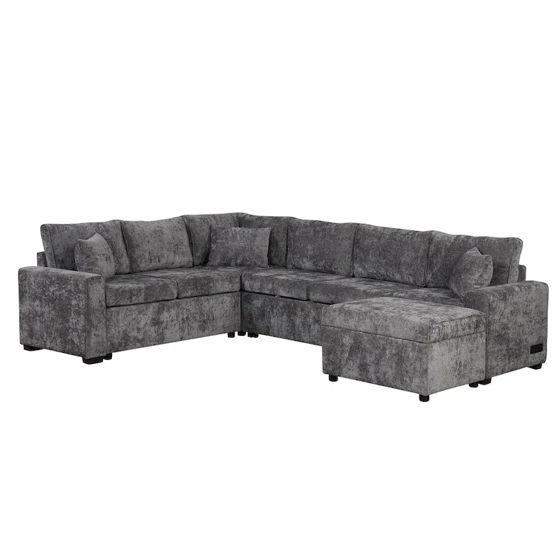 Roomfitters Sectional Sofa Pull-Out Bed Sleeper with Storage Ottoman, Three Pillows, and Built-In Charging Devices