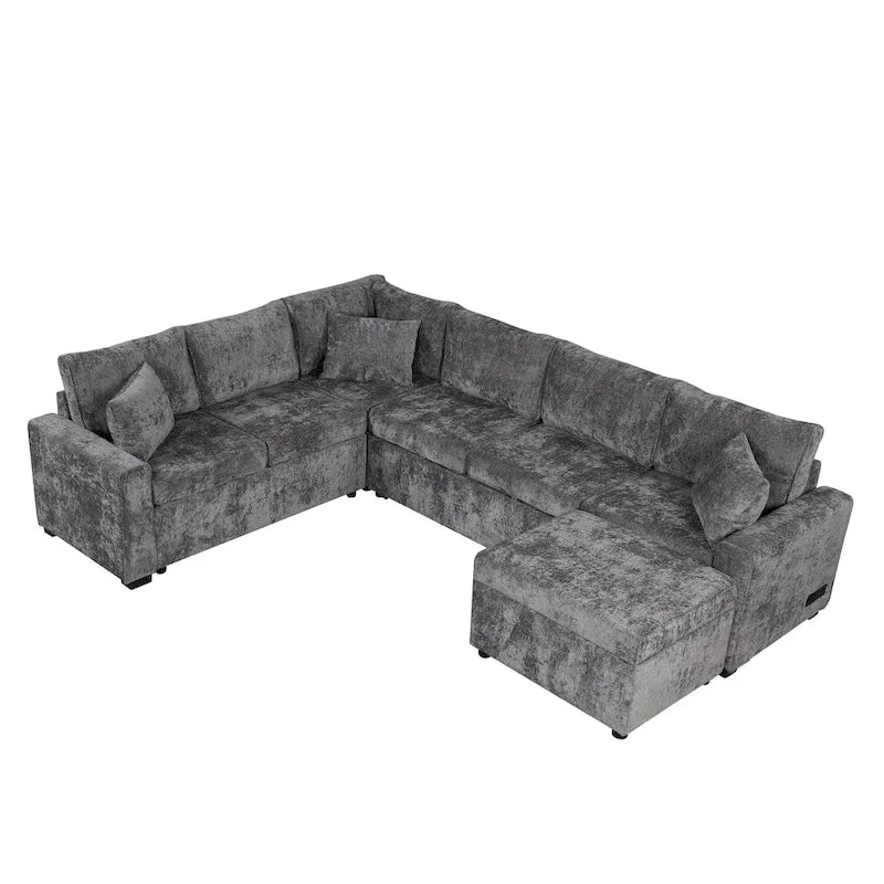 Roomfitters Sectional Sofa Pull-Out Bed Sleeper with Storage Ottoman, Three Pillows, and Built-In Charging Devices