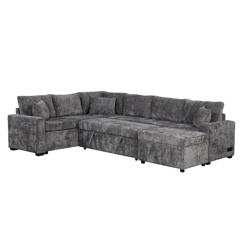 Roomfitters Sectional Sofa Pull-Out Bed Sleeper with Storage Ottoman, Three Pillows, and Built-In Charging Devices