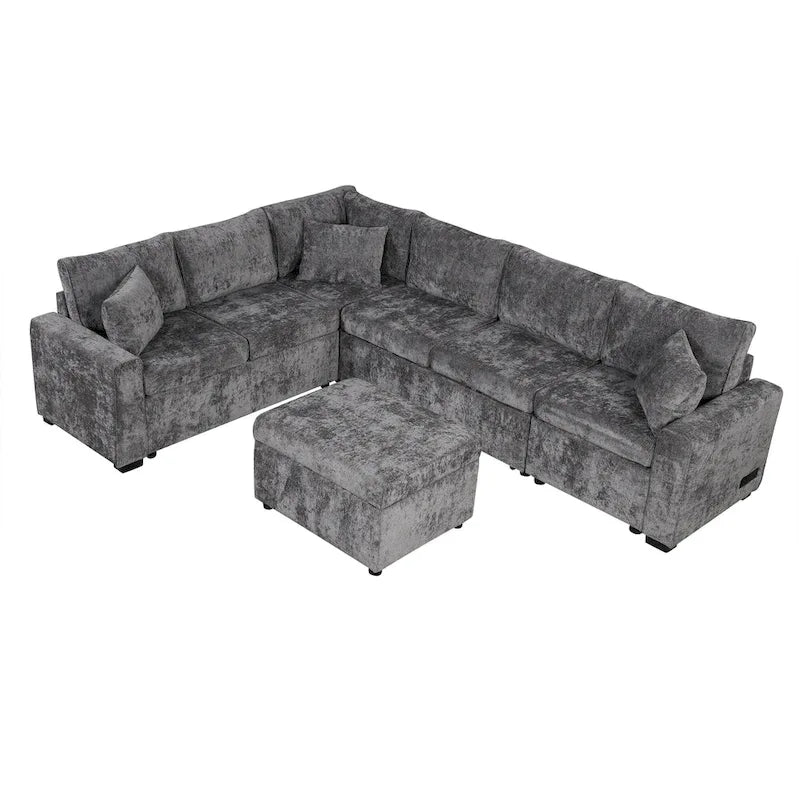 Roomfitters Sectional Sofa Pull-Out Bed Sleeper with Storage Ottoman, Three Pillows, and Built-In Charging Devices