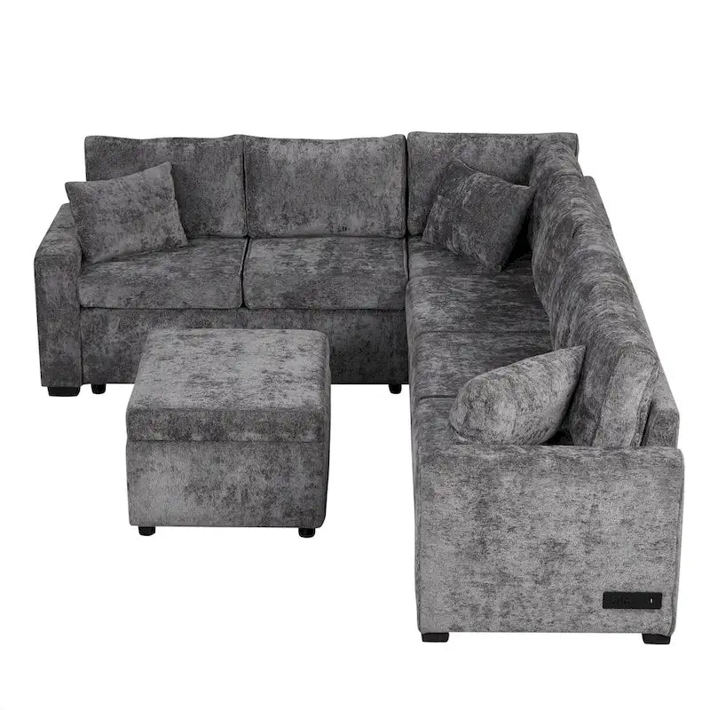 Roomfitters Sectional Sofa Pull-Out Bed Sleeper with Storage Ottoman, Three Pillows, and Built-In Charging Devices