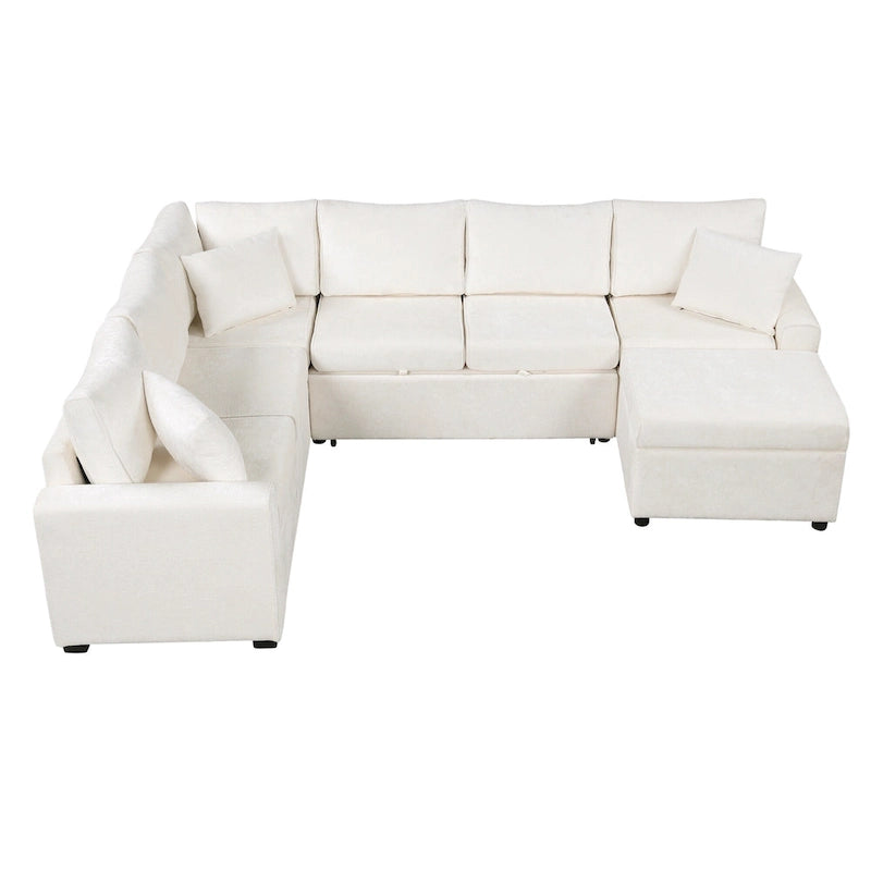 Roomfitters Sectional Sofa Pull-Out Bed Sleeper with Storage Ottoman, Three Pillows, and Built-In Charging Devices