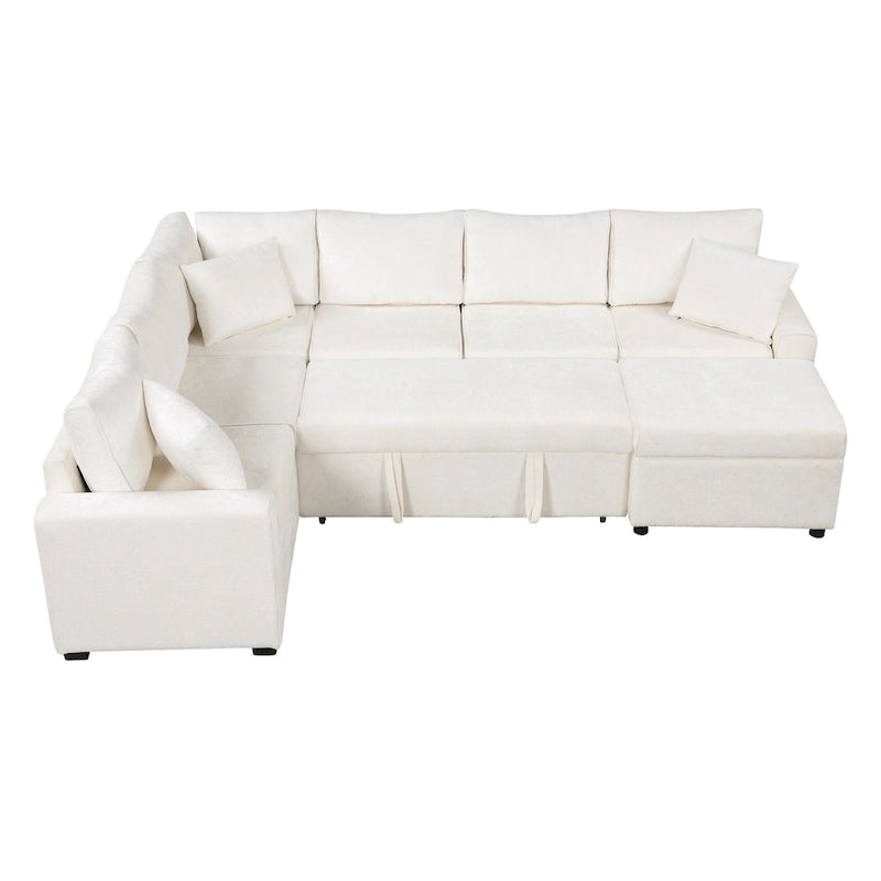Roomfitters Sectional Sofa Pull-Out Bed Sleeper with Storage Ottoman, Three Pillows, and Built-In Charging Devices
