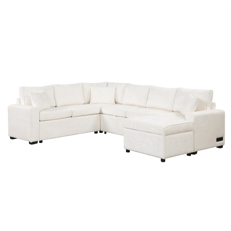 Roomfitters Sectional Sofa Pull-Out Bed Sleeper with Storage Ottoman, Three Pillows, and Built-In Charging Devices