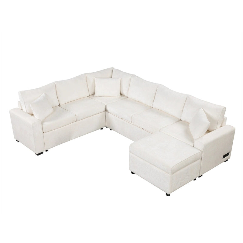 Roomfitters Sectional Sofa Pull-Out Bed Sleeper with Storage Ottoman, Three Pillows, and Built-In Charging Devices