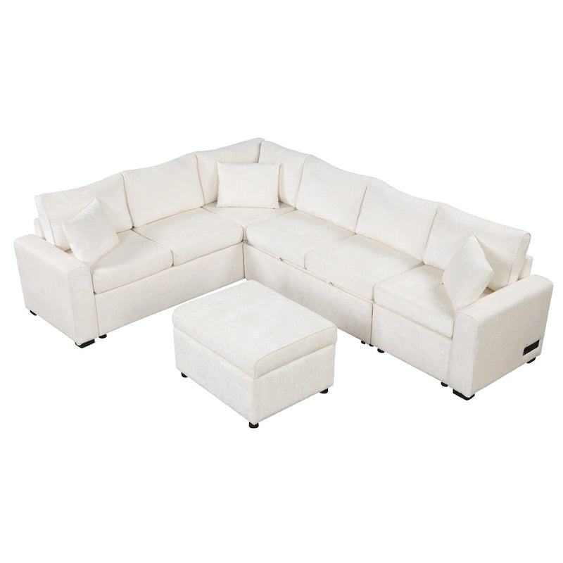 Roomfitters Sectional Sofa Pull-Out Bed Sleeper with Storage Ottoman, Three Pillows, and Built-In Charging Devices