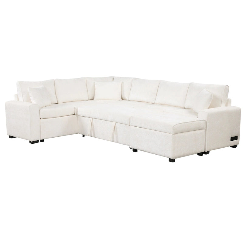 Roomfitters Sectional Sofa Pull-Out Bed Sleeper with Storage Ottoman, Three Pillows, and Built-In Charging Devices