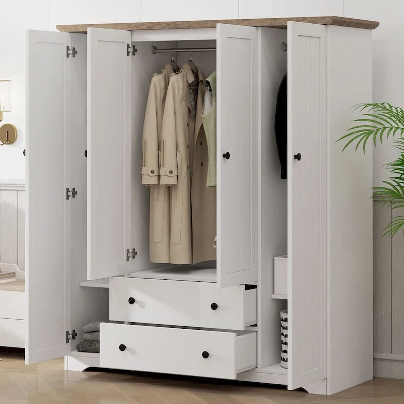 4 Door Wardrobe Armoire Closet with 2 Drawers, Freestanding Wardrobe Clothes Storage Cabinet with Hanging Rods