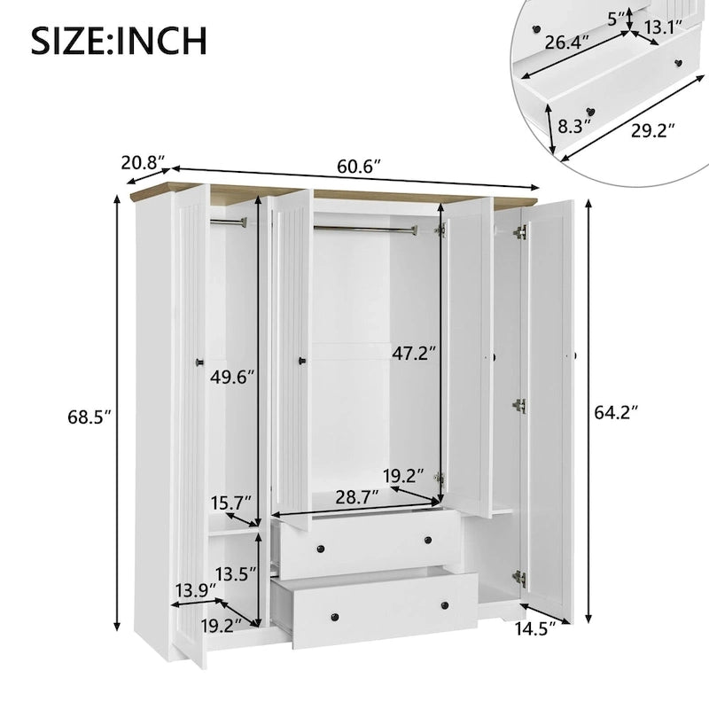 4 Door Wardrobe Armoire Closet with 2 Drawers, Freestanding Wardrobe Clothes Storage Cabinet with Hanging Rods