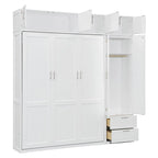 Queen Size Murphy Bed Wall Bed with Wardrobe, Top Cabinets and Storage Shelves, Foldable Murphy Cabinet Bed with 2 Drawers