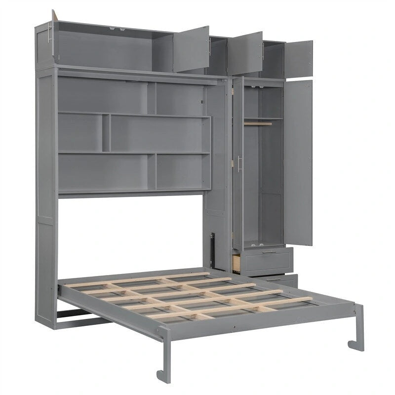 Queen Size Murphy Bed Wall Bed with Wardrobe, Top Cabinets and Storage Shelves, Foldable Murphy Cabinet Bed with 2 Drawers