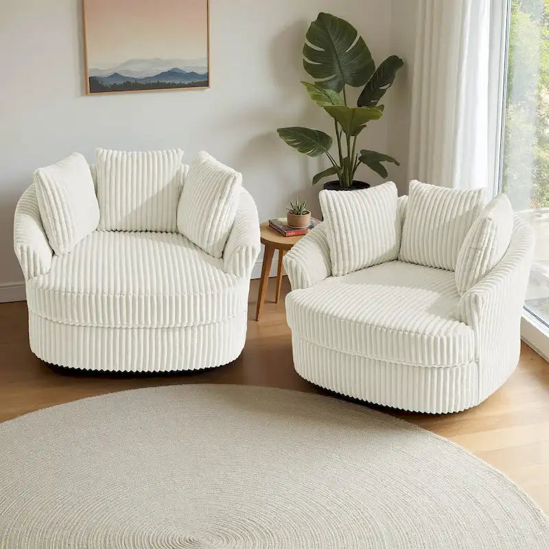 2 Set Oversized 43 W Plush Corduroy Swivel Barrel Chair with Pillows