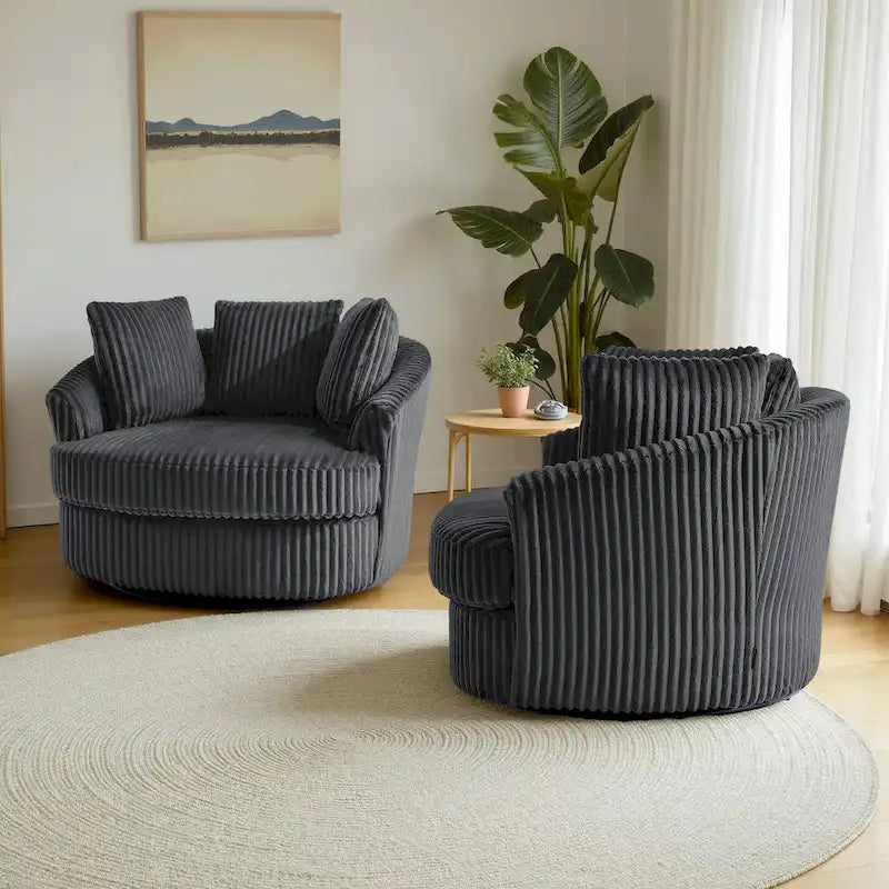 2 Set Oversized 43 W Plush Corduroy Swivel Barrel Chair with Pillows